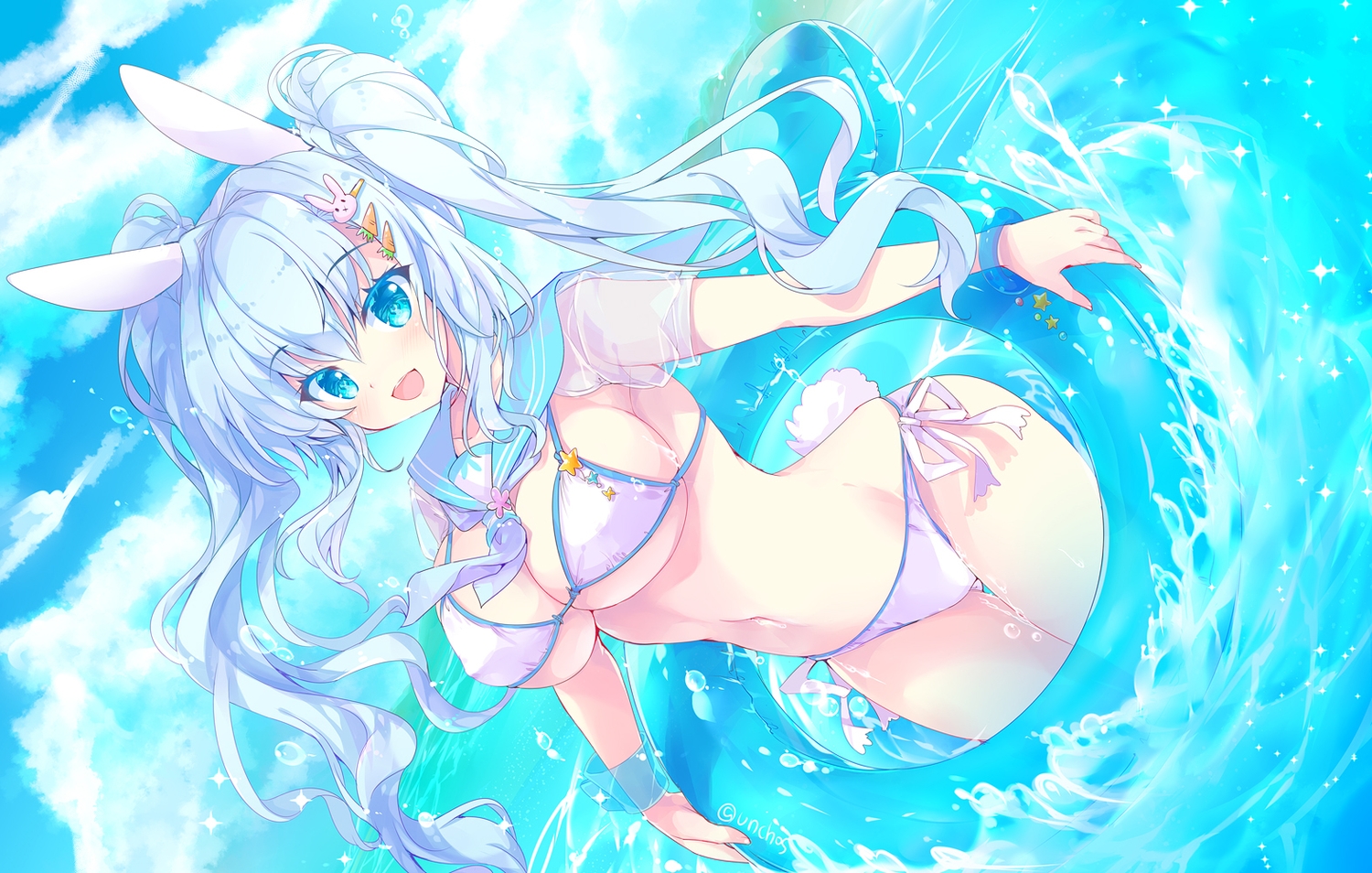 animal_ears, aqua_eyes, aqua_hair, bikini, bunny_ears, bunnygirl, clouds, hinata_momo