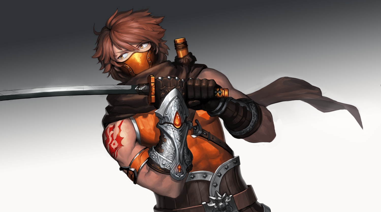 all_male, armor, brown_hair, cain_(gunnermul), gloves, gradient, katana, male, mask, ninja, original, scarf, short_hair, sword, tattoo, weapon, yellow_eyes