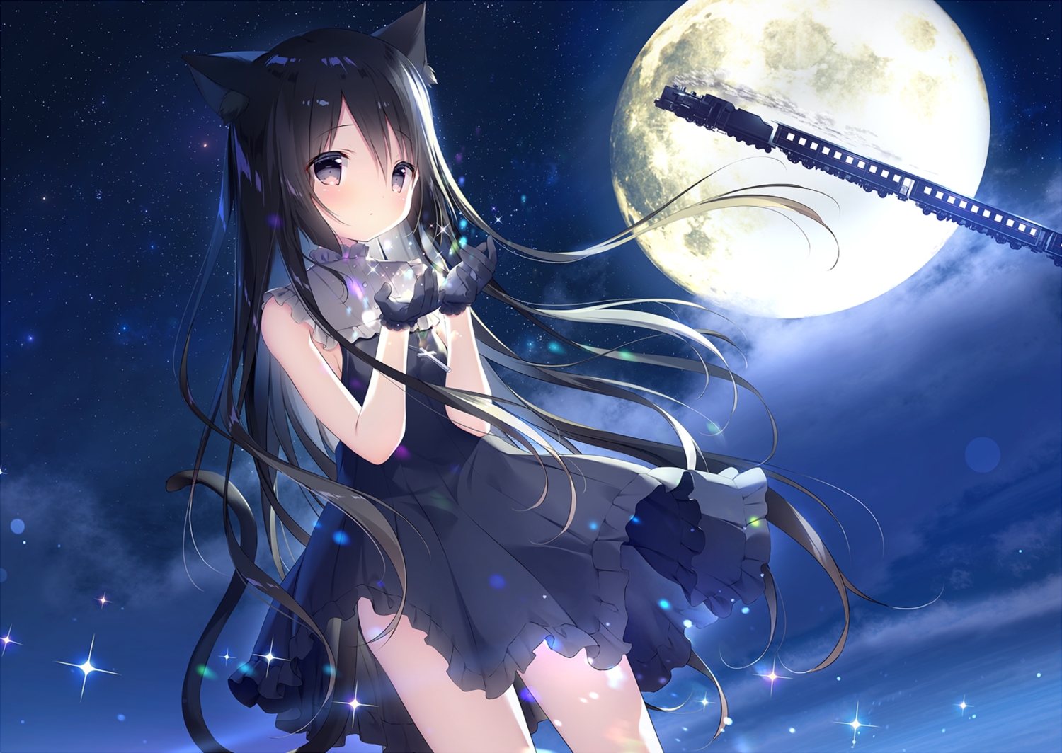 animal_ears, black_hair, catgirl, clouds, cross, dress, gloves, hoshizora_tetsudou_to_shiro_no_tabi