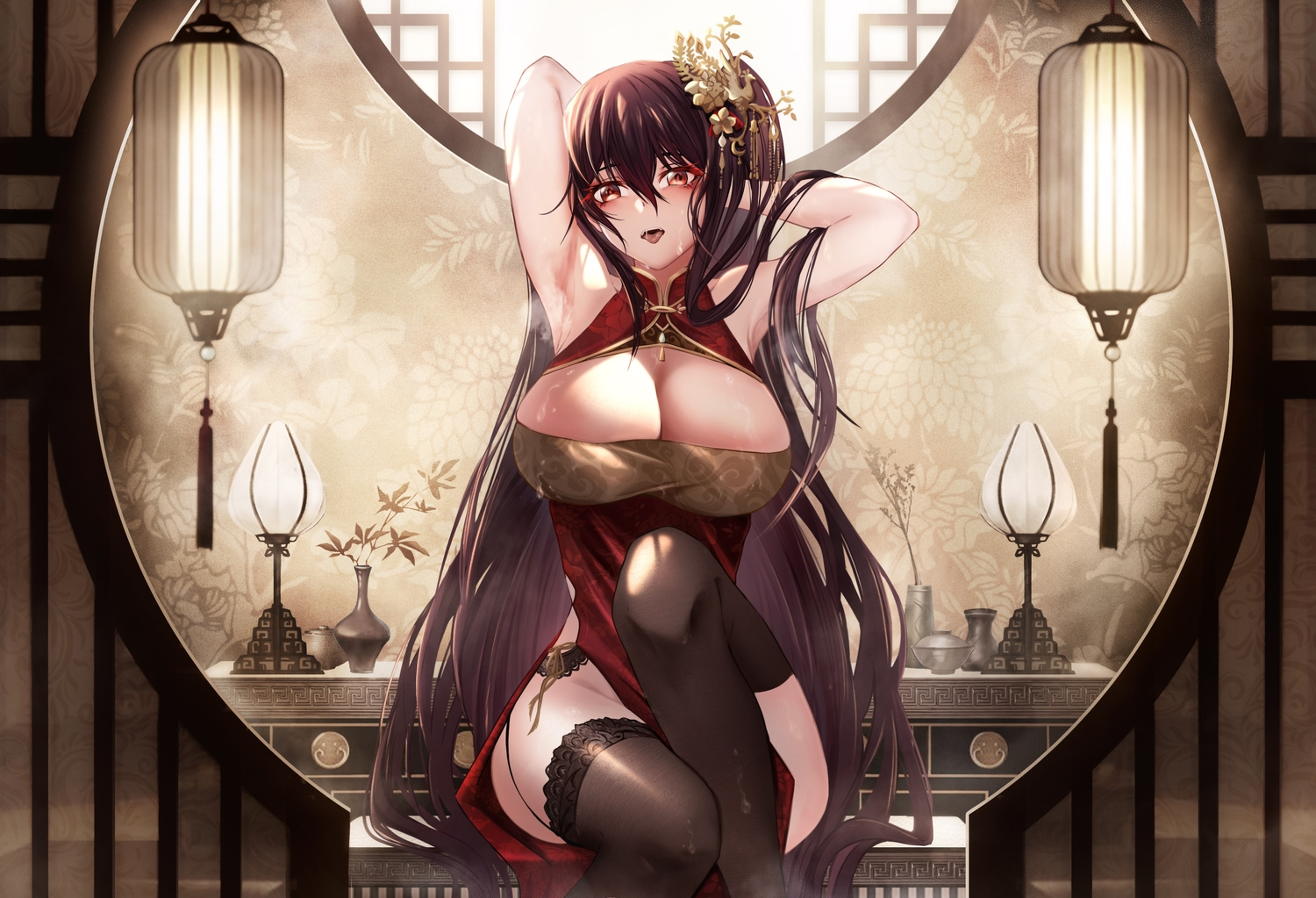 333_(pixiv8601259), anthropomorphism, azur_lane, black_hair, breasts, chinese_clothes, chinese_dress, cleavage, dress, garter_belt, long_hair, ponytail, red_eyes, stockings, taihou_(azur_lane)
