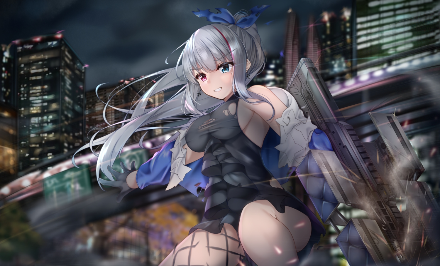 anthropomorphism, bicolored_eyes, breasts, building, city, girls_frontline, gloves, gun