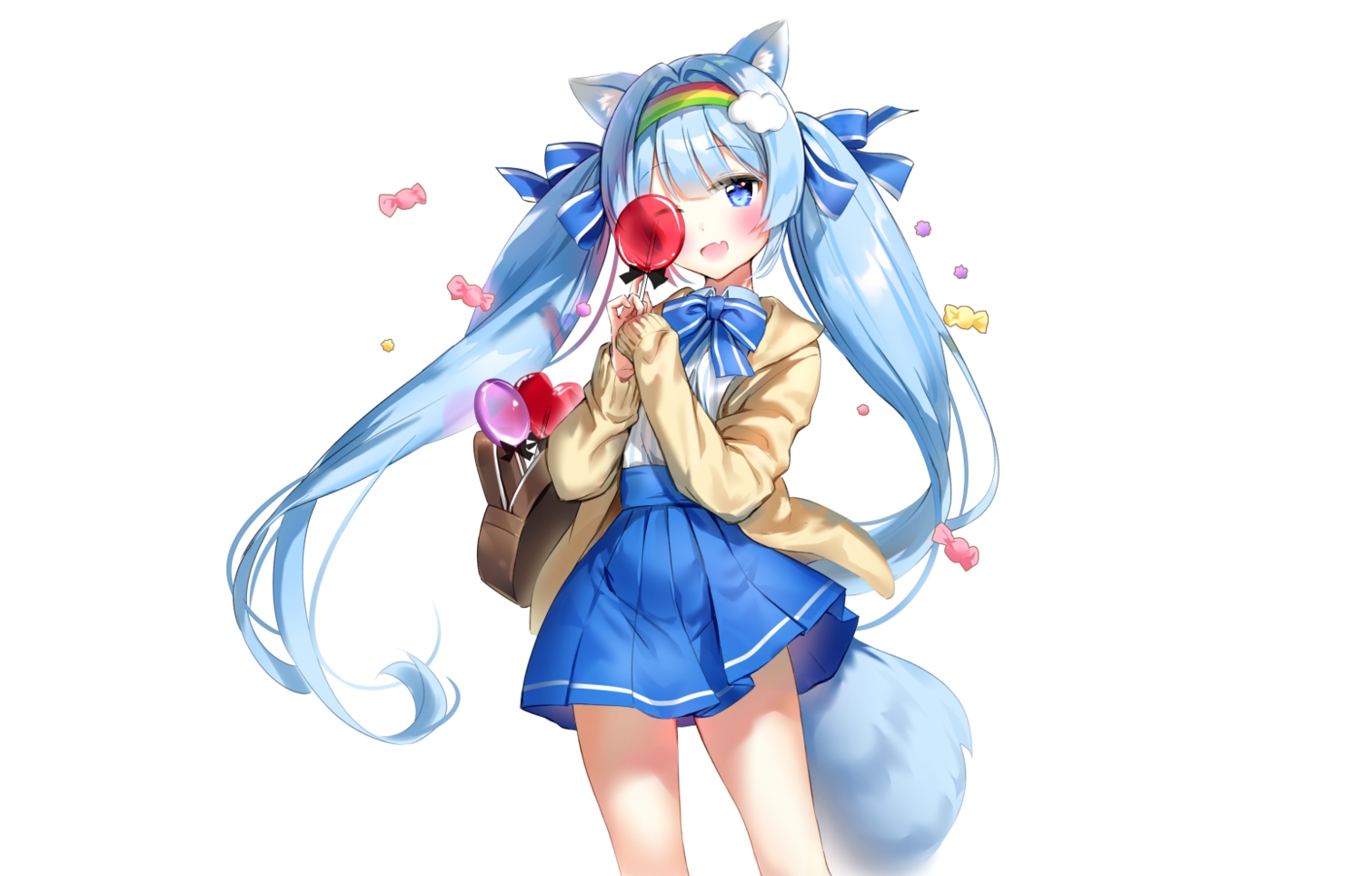 animal_ears, aqua_eyes, aqua_hair, blush, bow, candy, cropped, fang