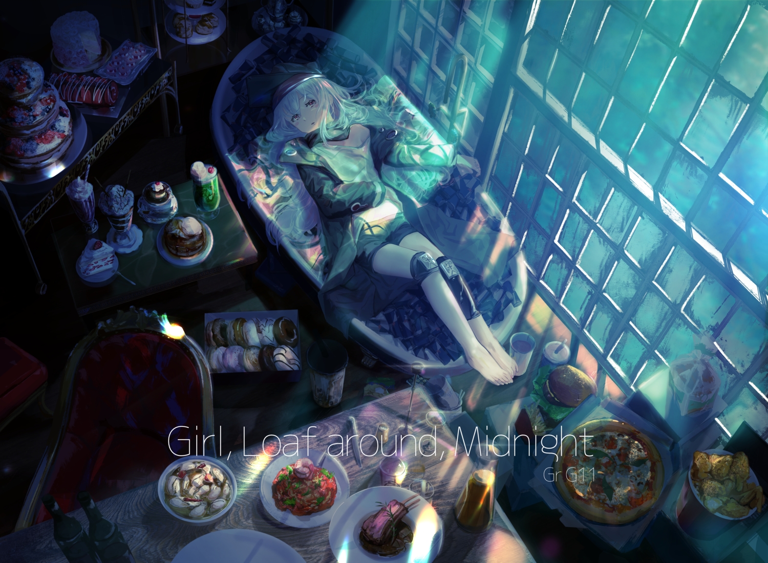 anthropomorphism, aritsuno, barefoot, bath, bathtub, cake, drink, food, g11_(girls_frontline), girls_frontline, long_hair, night, pizza, water, white_hair