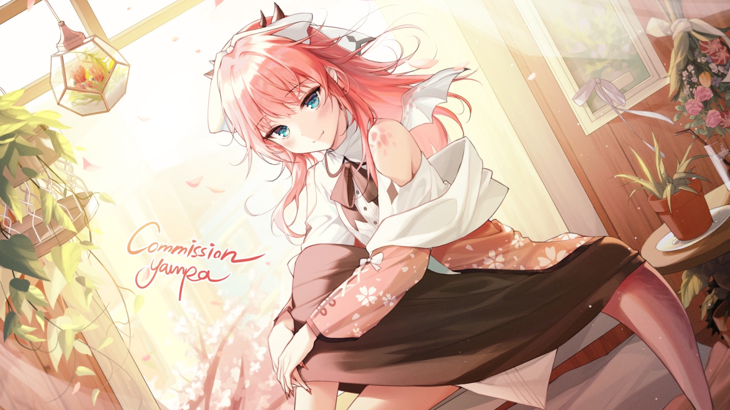 aqua_eyes, atelier_live, flowers, kuzuryu_io, long_hair, red_hair, signed, skirt, tail, wings, yampa