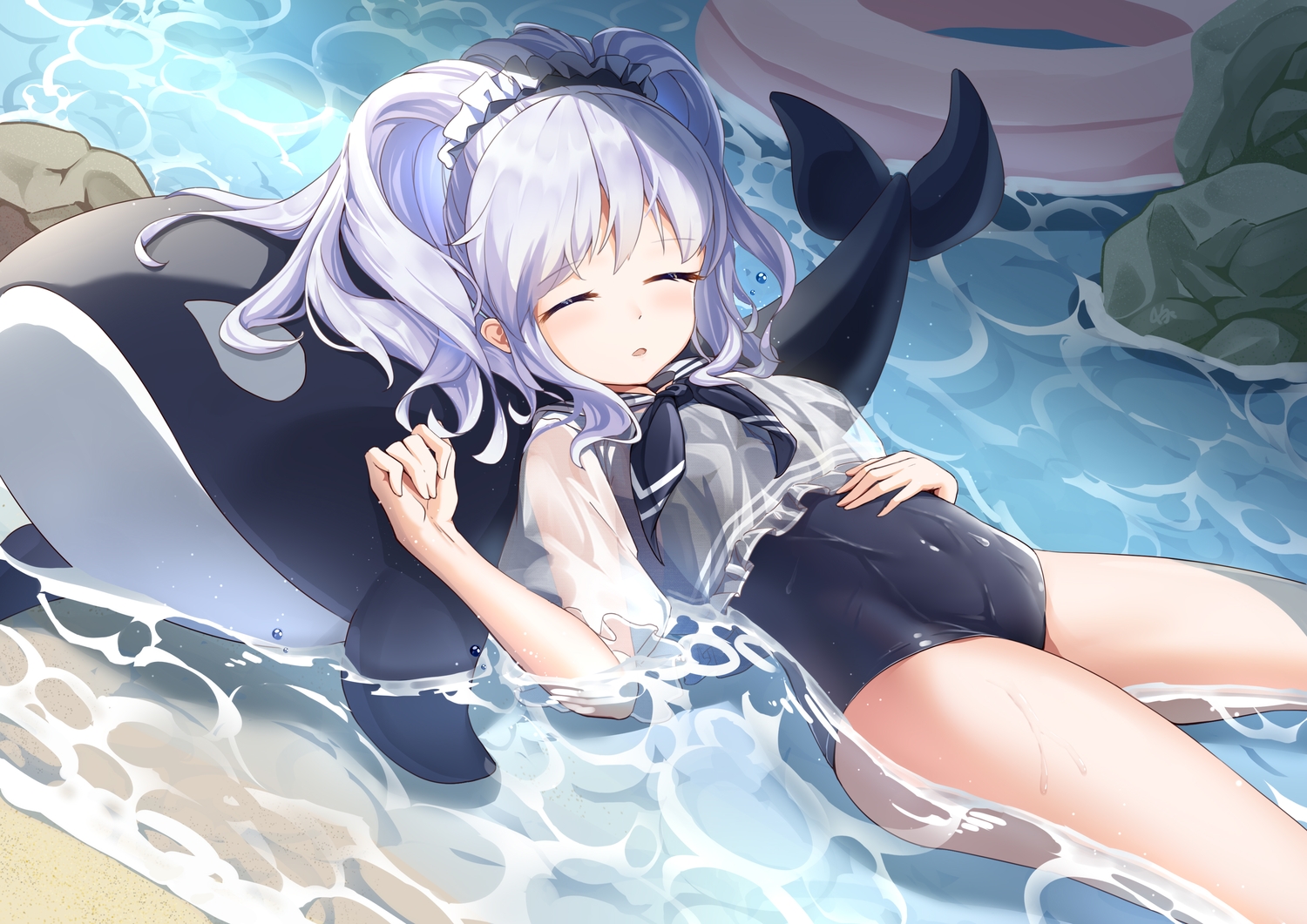 anthropomorphism, loli, long_hair, ponytail, qian_ze_chiz, school_swimsuit, see_through, sigsbee_(zhanjian_shaonu), sleeping, swim_ring, swimsuit, water, wet, white_hair, zhanjian_shaonu