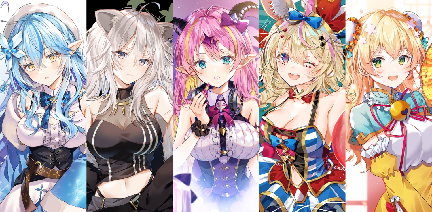 animal_ears, aqua_eyes, aqua_hair, bell, blonde_hair, blush, braids, breasts, catgirl, chinese_clothes, cleavage, corset, fan, fang, foxgirl, gray_eyes, gray_hair, green_eyes, hat, headphones, hololive, horns, long_hair, mano_aloe, momosuzu_nene, myusha, navel, necklace, omaru_polka, pink_hair, pointed_ears, purple_eyes, purple_hair, see_through, shishiro_botan, skull, wink, yellow_eyes, yukihana_lamy