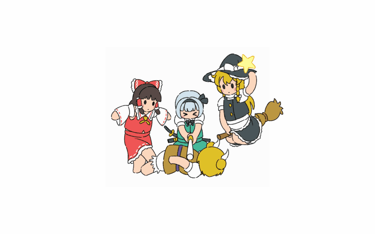 animated, blonde_hair, dress, gray_hair, hakurei_reimu, japanese_clothes, joutouguu_mayumi, katana, kirisame_marisa, konpaku_youmu, kuroguy, miko, short_hair, sword, third-party_edit, touhou, weapon, white, witch