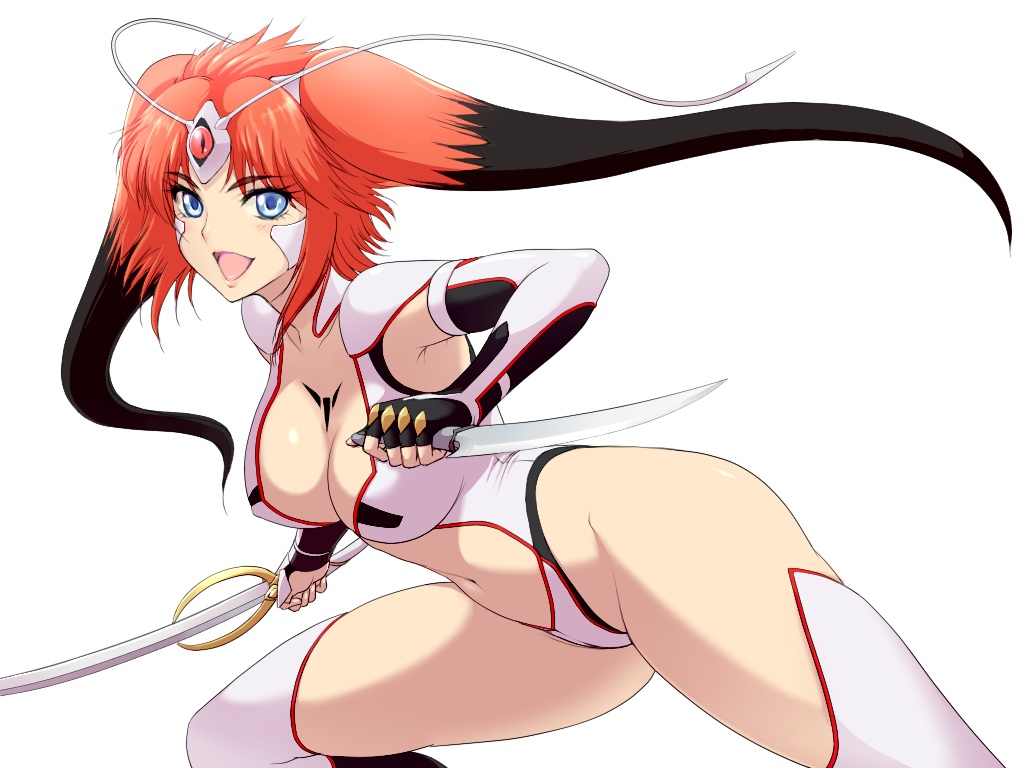 aliasing, asuka_(hengen-sennin_asuka), blue_eyes, breasts, cleavage, elbow_gloves, gloves, headdress, hengen-sennin_asuka, leotard, long_hair, navel, suzu-batsu, sword, tattoo, thighhighs, twintails, weapon, white