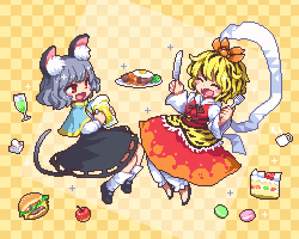 animal_ears, apple, blonde_hair, cake, cropped, dress, drink, fang, food, fruit, gray_hair, kumamoto_(bbtonhk2), mousegirl, nazrin, red_eyes, shirt, short_hair, skirt, socks, strawberry, tail, toramaru_shou, touhou, waifu2x
