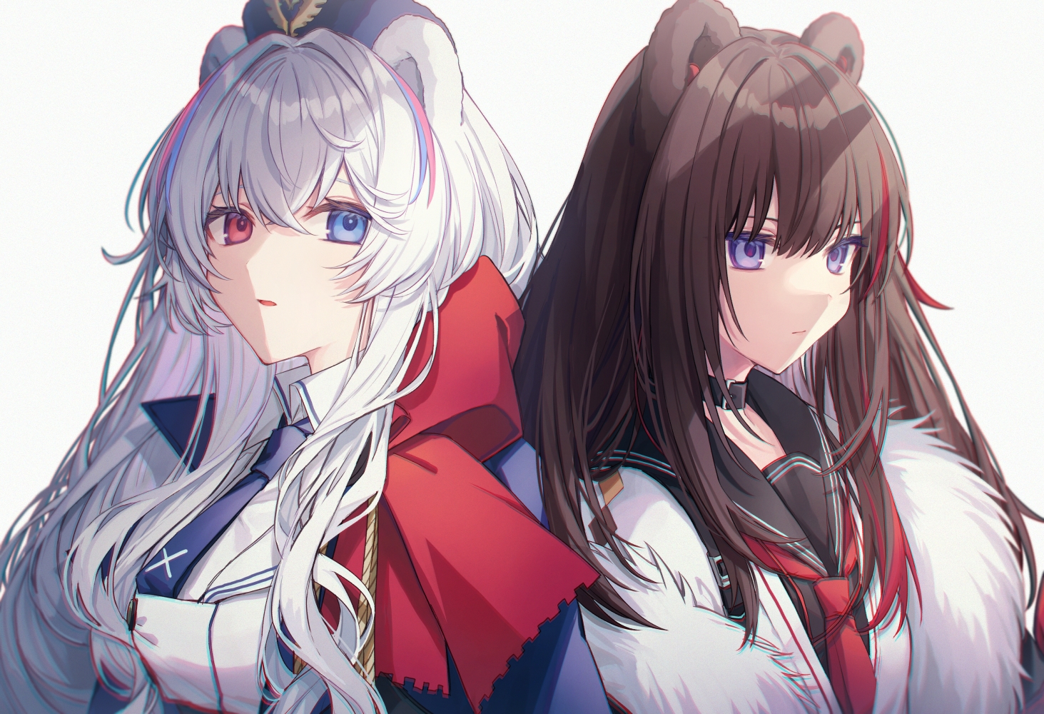 2girls, animal_ears, arknights, bicolored_eyes, blue_eyes, brown_hair, close, collar