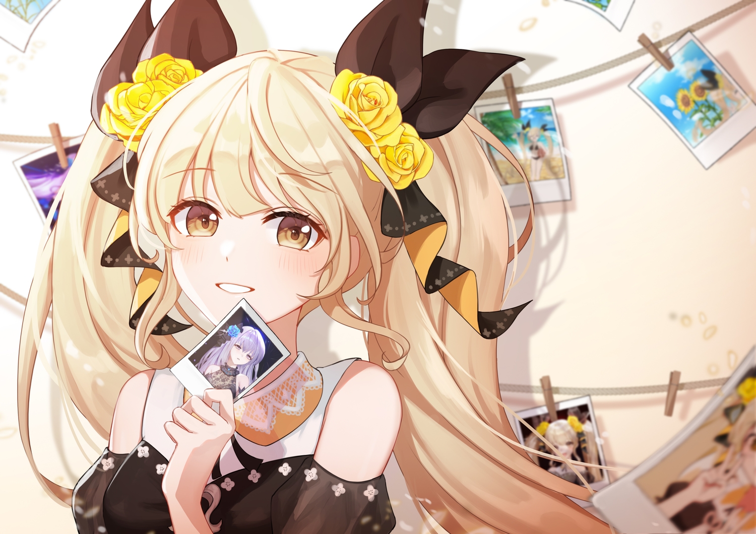 blonde_hair, blush, brown_eyes, close, flowers, gya_(144), long_hair, original