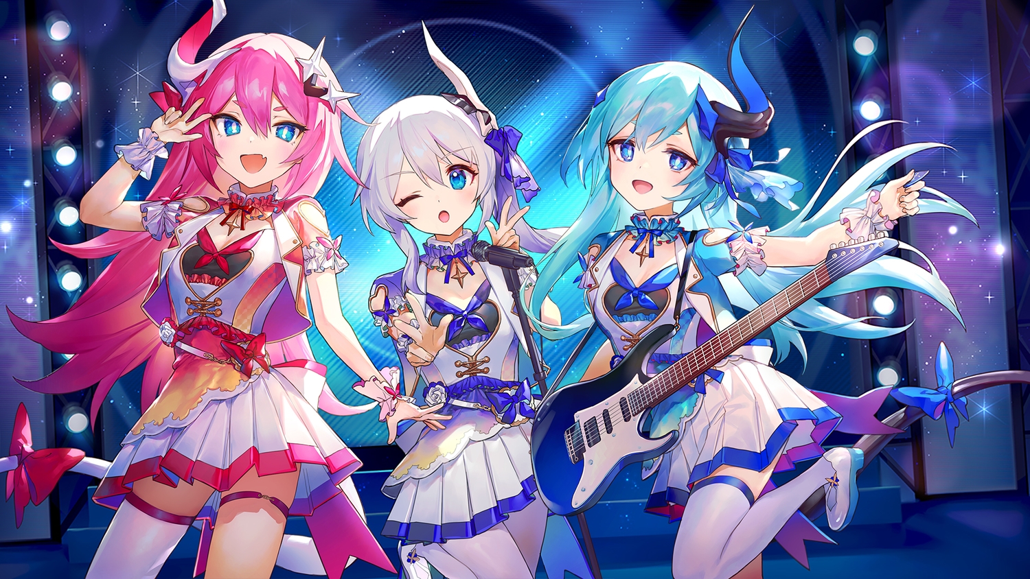 ainy77, aqua_hair, blue_eyes, garter, guitar, honkai_impact, honkai_(series), horns