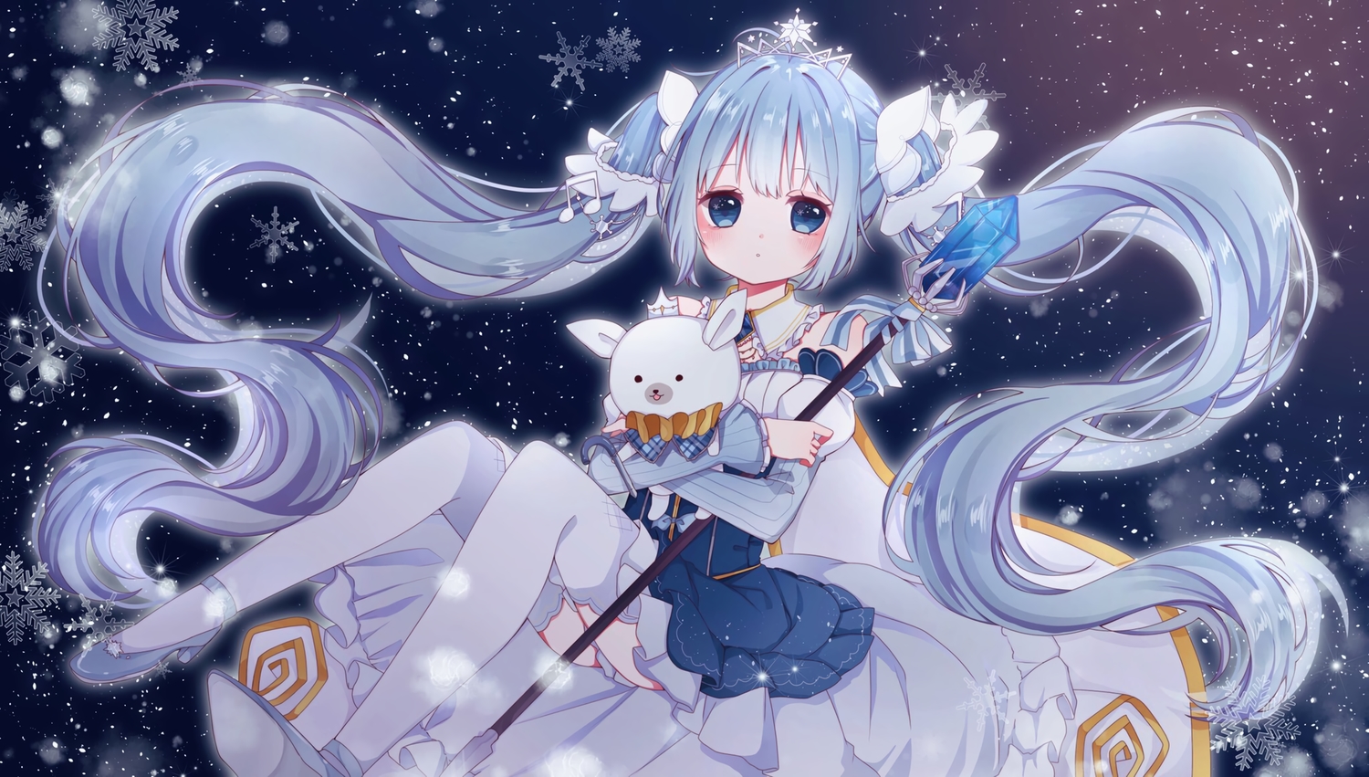 blue, blue_eyes, blue_hair, dress, gradient, hatsune_miku, llatteowo, long_hair, snow, staff, thighhighs, tiara, twintails, vocaloid, yuki_miku, yukine_(vocaloid)
