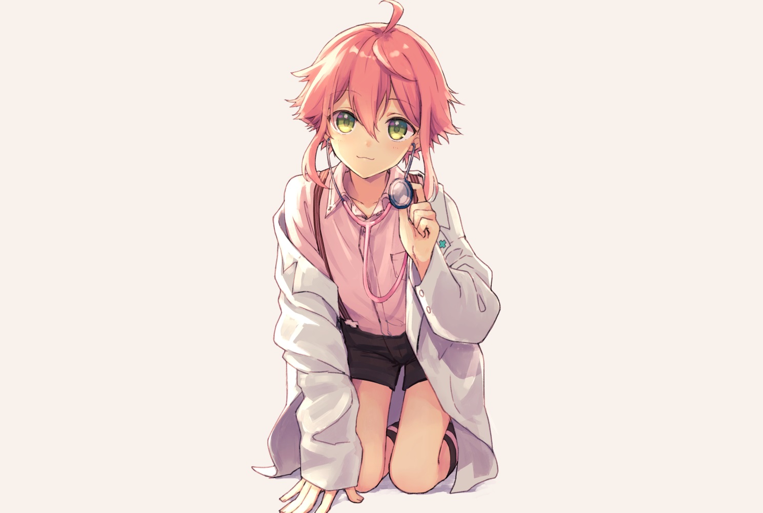 all_male, cat_smile, ensemble_stars!, gray, green_eyes, himemiya_touri, kneehighs, male, pink_hair, rimo, shirt, short_hair, shorts