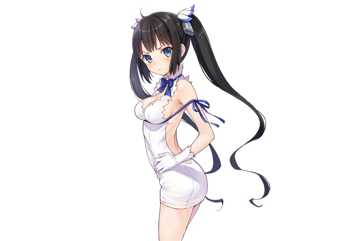 aqua_eyes, black_hair, blush, bow, breast_hold, breasts, cleavage, dress