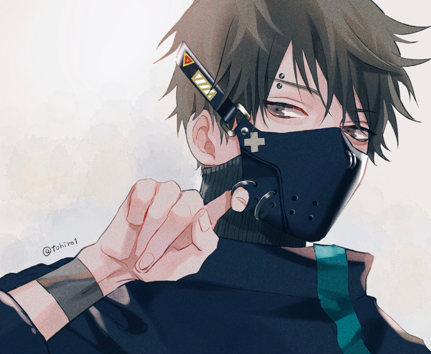 all_male, black_hair, close, gray_eyes, male, mask, original, shijima_tohiro, short_hair, signed, wristwear