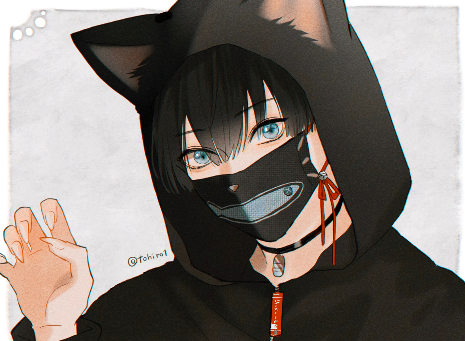 all_male, animal_ears, black_hair, blue_eyes, catboy, choker, close, hood, male, mask, original, shijima_tohiro, signed