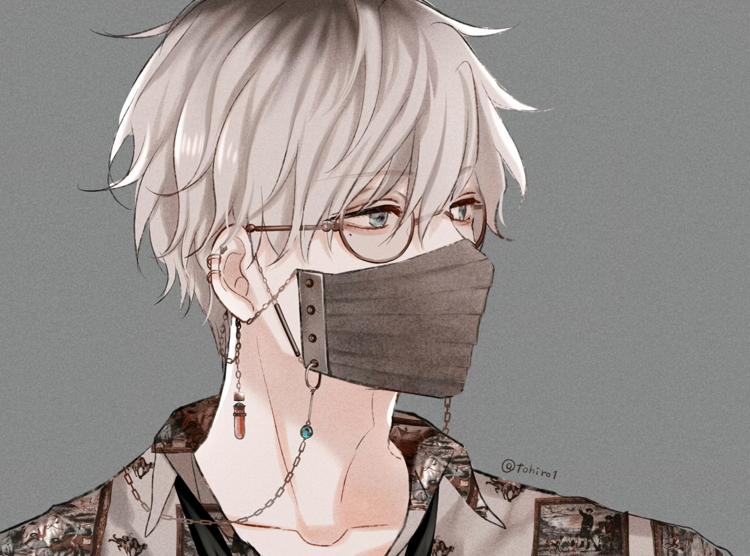 all_male, aqua_eyes, chain, close, glasses, gray, male, mask, original, shijima_tohiro, short_hair, signed, white_hair