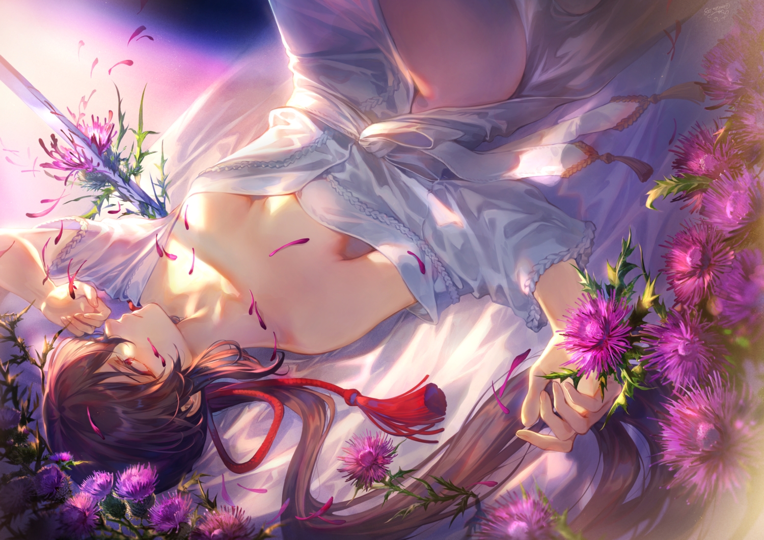 breasts, brown_hair, cleavage, flowers, long_hair, mashu_003, no_bra, original