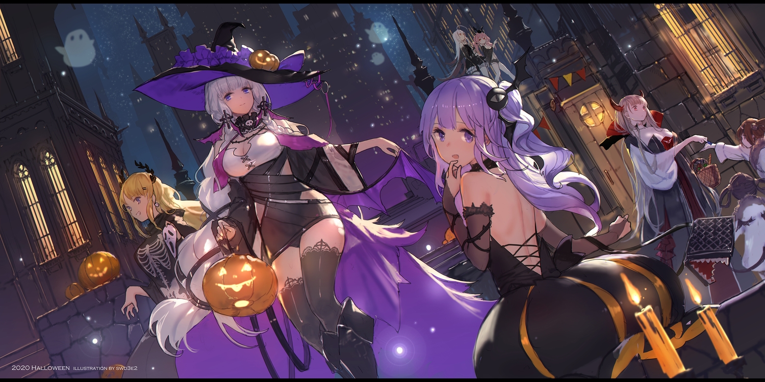 anthropomorphism, azur_lane, blonde_hair, building, cape, cosplay, dress, halloween, hat, illustrious_(azur_lane), long_hair, ning_hai_(azur_lane), panties, ping_hai_(azur_lane), pumpkin, purple_hair, sketch, swd3e2, tagme_(character), thighhighs, underwear, unicorn_(azur_lane), vauquelin_(azur_lane), victorious_(azur_lane), watermark, witch_hat