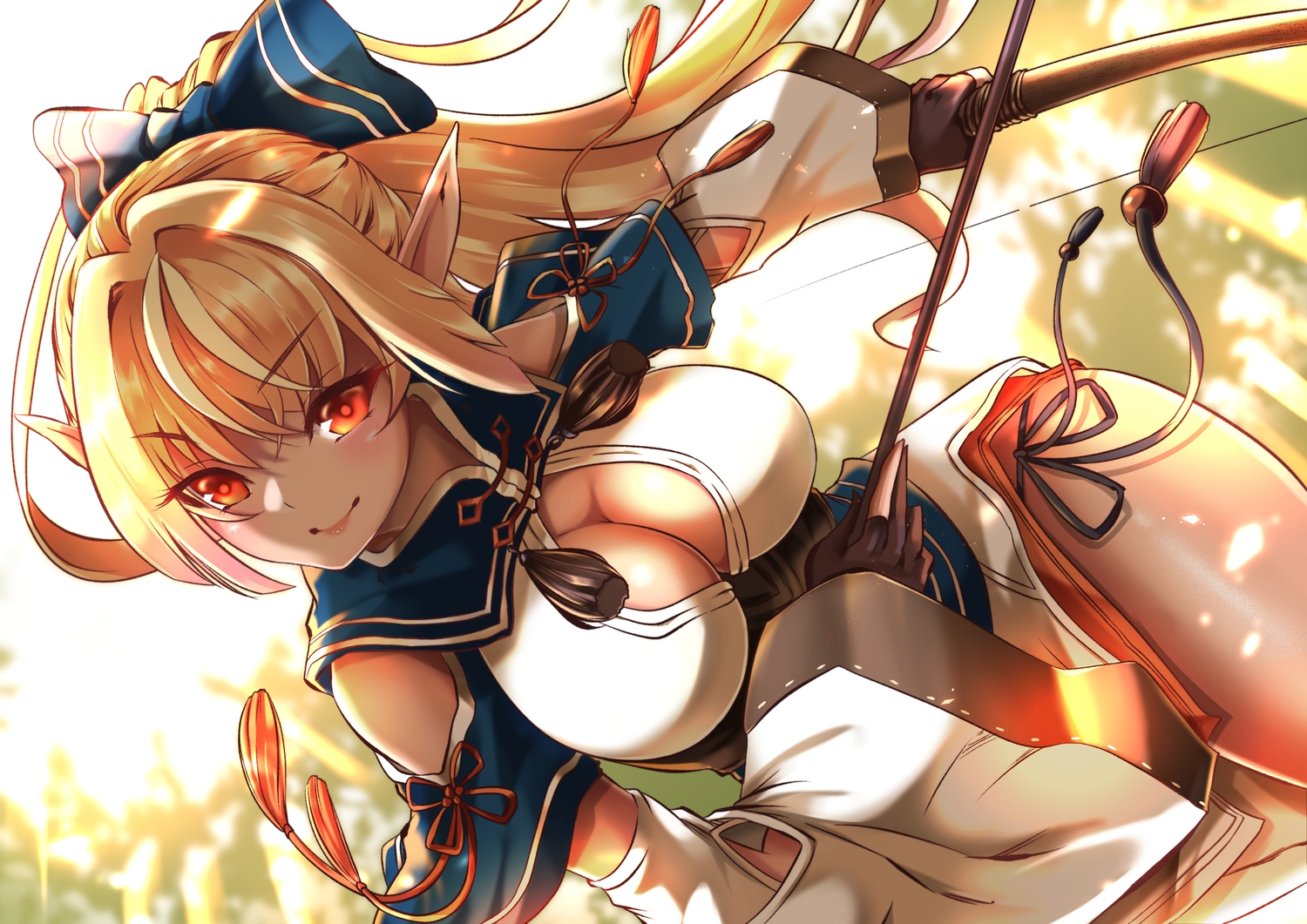 blonde_hair, bow_(weapon), breasts, cleavage, dark_skin, dress, gloves, hero_(10cl3), hololive, long_hair, pointed_ears, ponytail, red_eyes, shiranui_flare, weapon