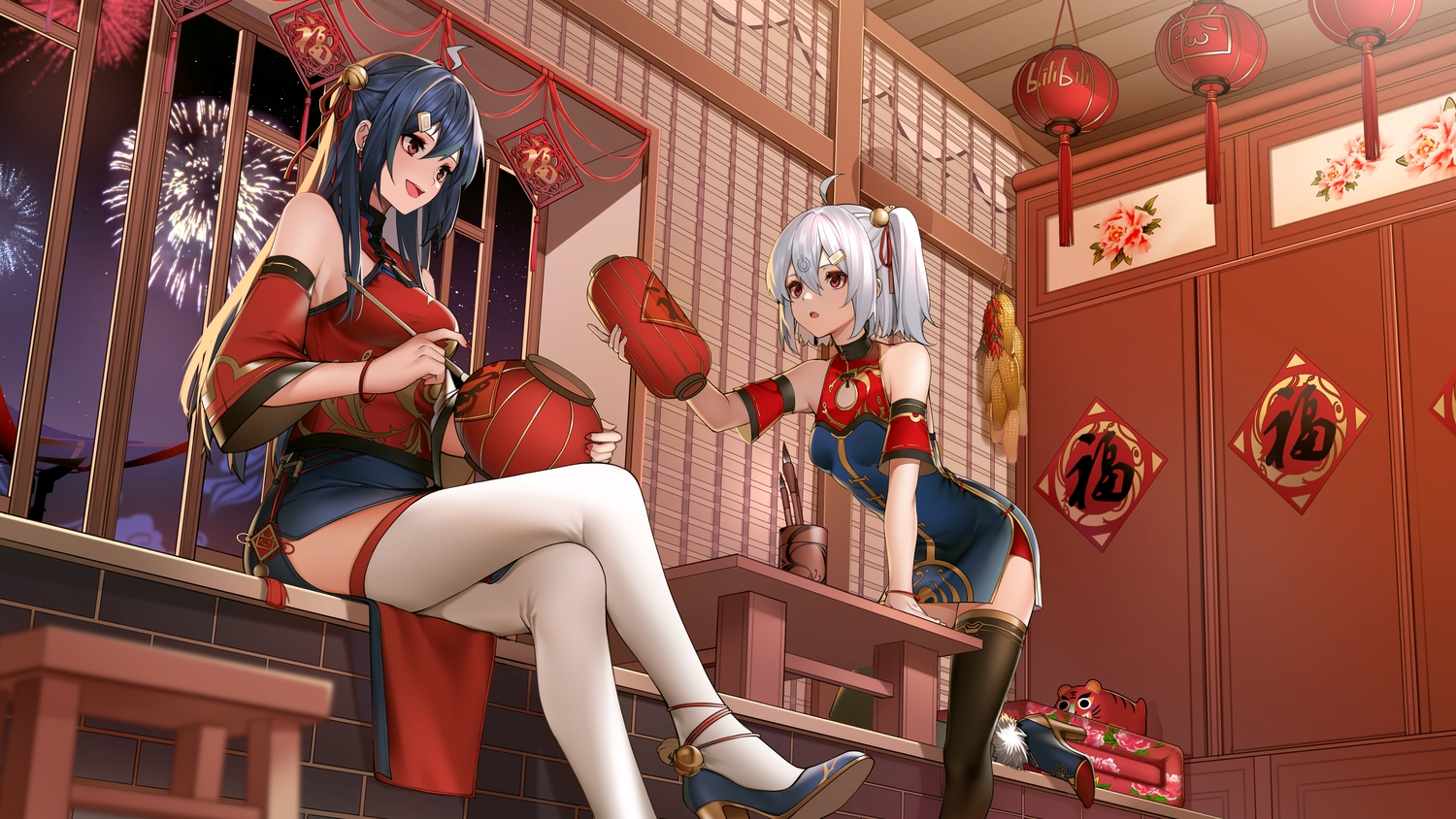 2girls, bili_bili_douga, bili_girl_22, bili_girl_33, blue_hair, chinese_clothes, chinese_dress, dress
