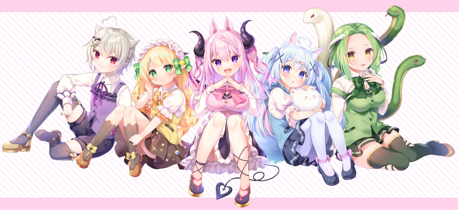 animal, animal_ears, aqua_hair, atsumori_chiina, blonde_hair, blue_eyes, blue_hair, blush, bow, braids, breast_hold, breasts, bunny_ears, cat_smile, chiina_ch., cleavage, cosplay, crispy_crispy, demon, fang, garter_belt, gochuumon_wa_usagi_desu_ka?, gray_hair, green_eyes, green_hair, group, headdress, horns, kneehighs, koha*ch, kohachi_meru, komachi_pochi, long_hair, minose_kanade, pantyhose, pink_hair, pointed_ears, purple_eyes, red_eyes, sawa_(sawa_ch), sena_konoe, shirt, short_hair, shorts, skirt, snake, tail, thighhighs, tippy_(gochiusa), twintails, yellow_eyes, zettai_ryouiki