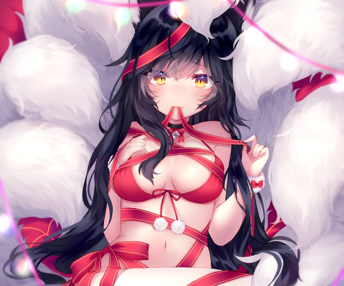 ahri_(league_of_legends), animal_ears, bikini, black_hair, breasts, cleavage, collar, cropped, foxgirl, league_of_legends, long_hair, multiple_tails, navel, ribbons, shouu-kun, swimsuit, tail, wristwear, yellow_eyes