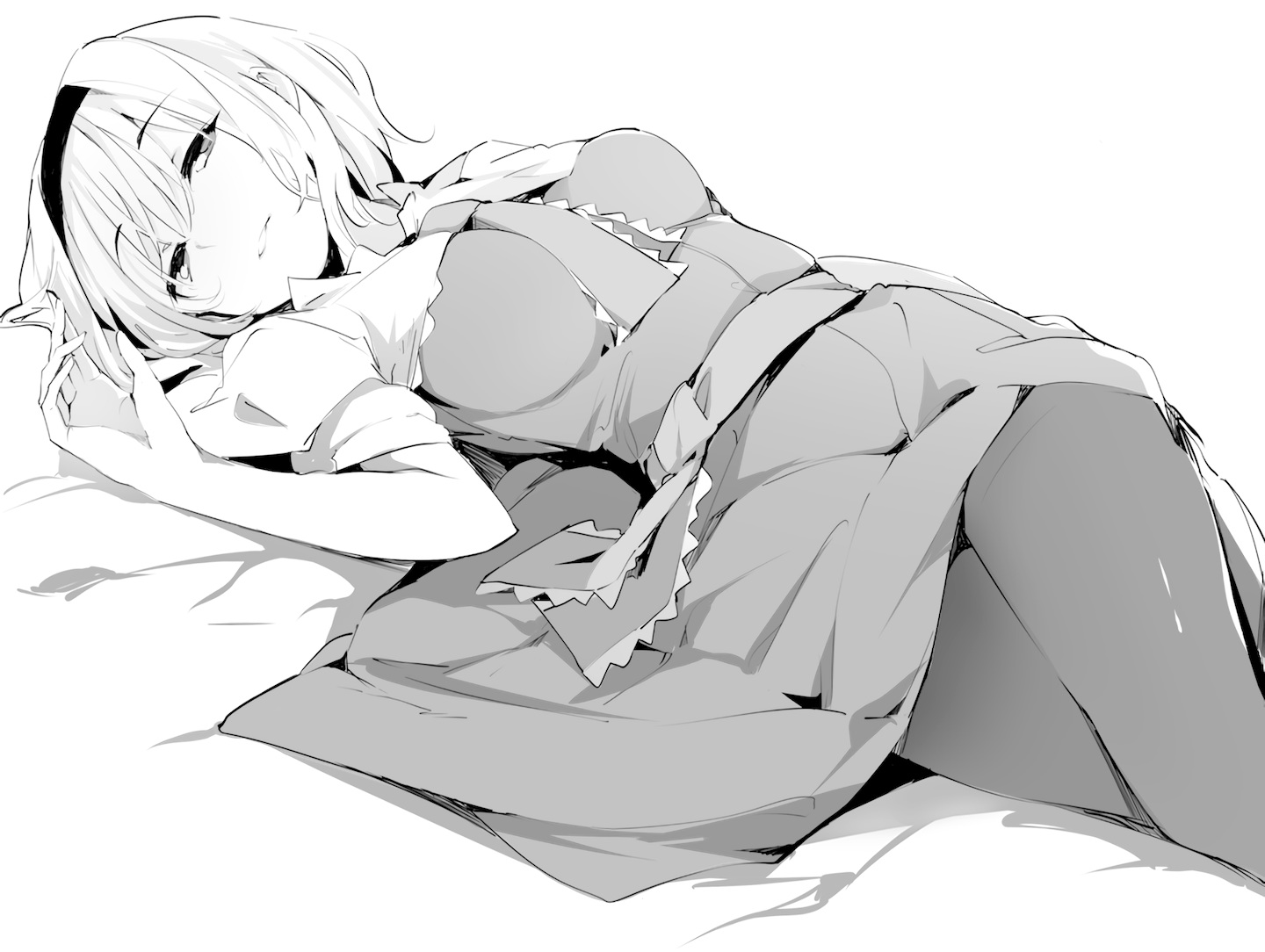 alice_margatroid, dress, gray_eyes, headband, kamukamu_(ars), monochrome, pantyhose, short_hair, touhou, waifu2x, white_hair