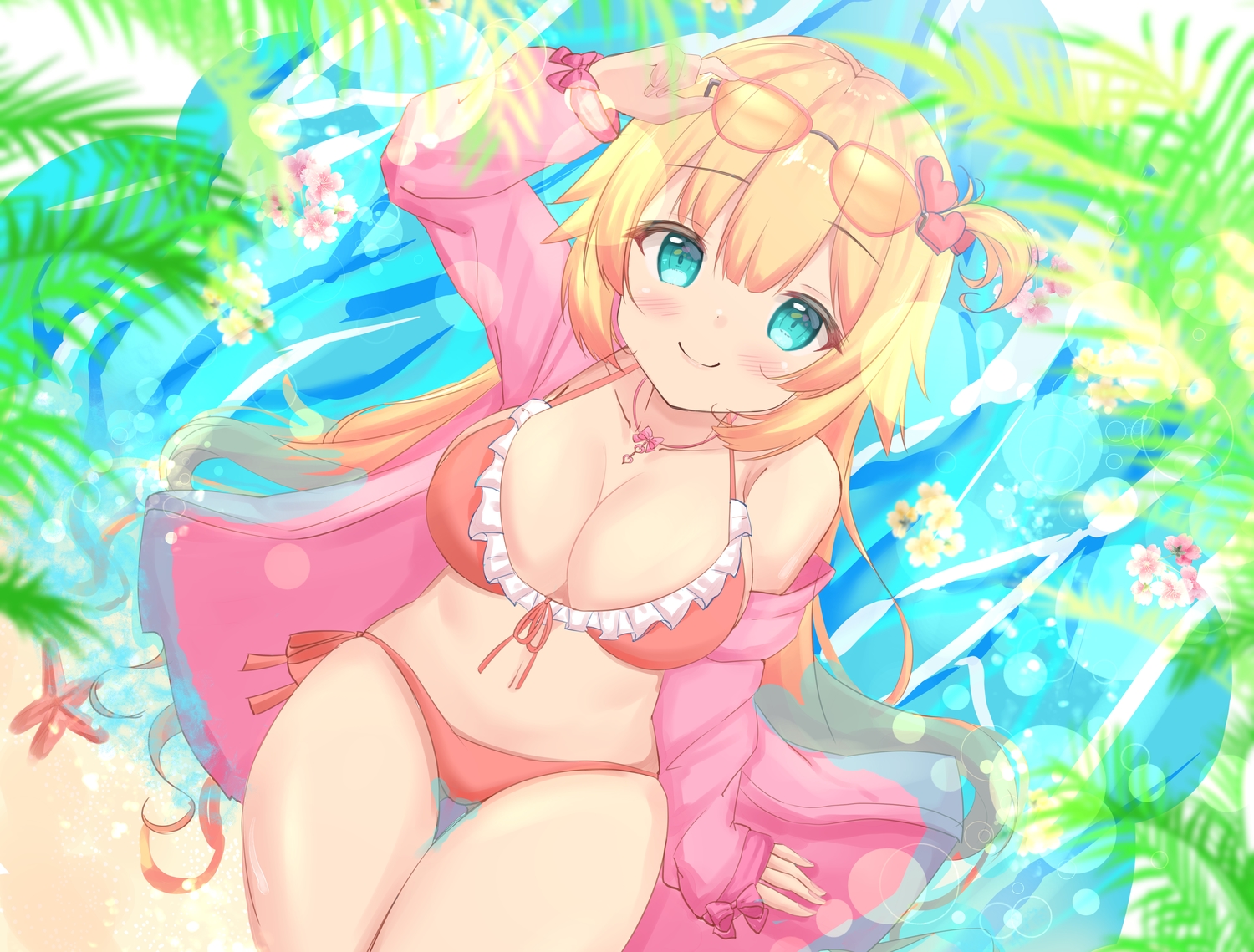 akai_haato, aqua_eyes, bikini, blonde_hair, breasts, cleavage, hololive, kanti15, long_hair, necklace, sunglasses, swimsuit