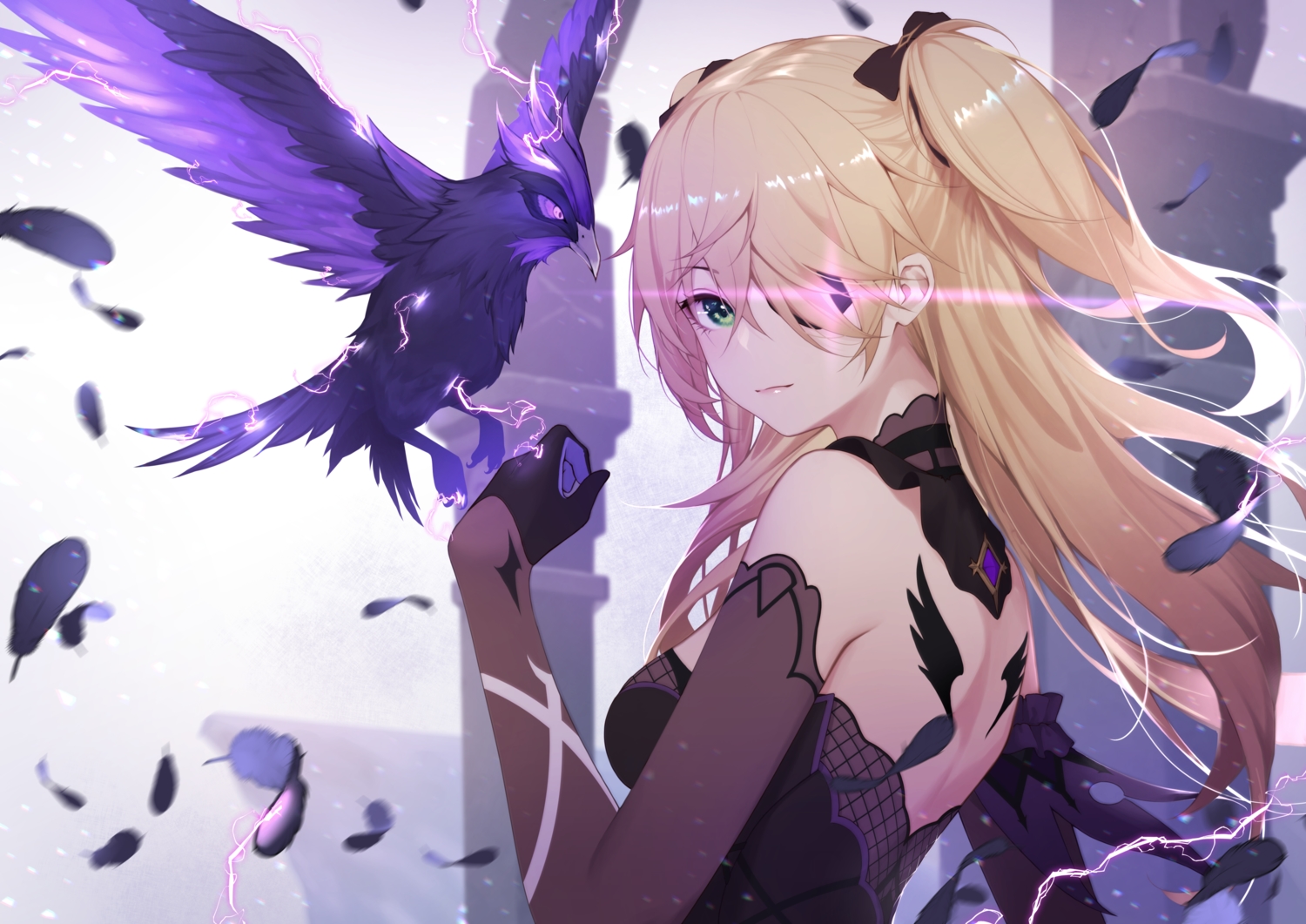 animal, bird, blonde_hair, close, eyepatch, feathers, fischl_(genshin_impact), genshin_impact