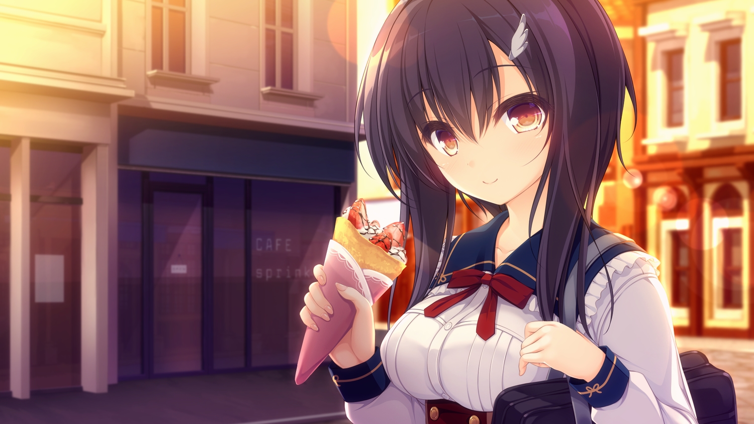 black_hair, brown_eyes, building, city, close, food, fruit, game_cg