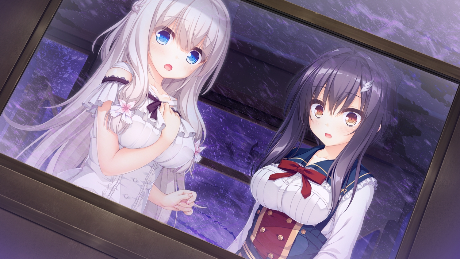 2girls, black_hair, blue_eyes, brown_eyes, game_cg, gray_hair, kimihara_yua, long_hair