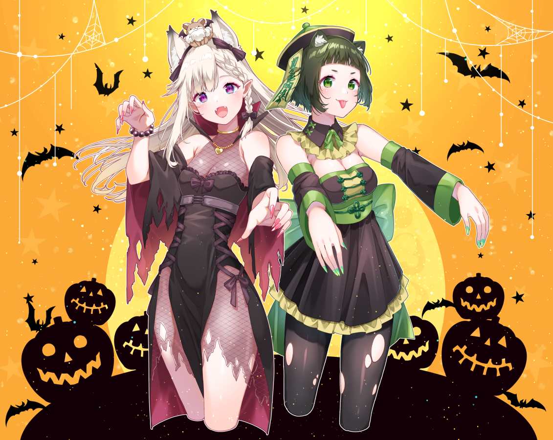 2girls, aliasing, animal, animal_ears, animare, bat, braids, breasts