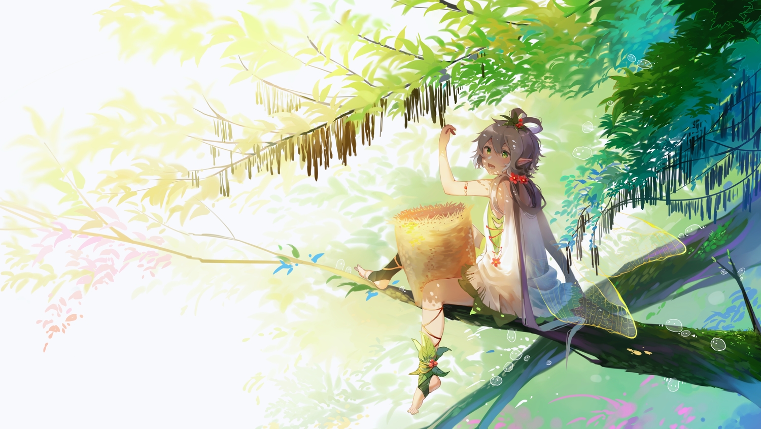 blush, dress, gray_hair, green_eyes, long_hair, luo_tianyi, pointed_ears, stuko, tree, twintails, vocaloid, vsinger, wings