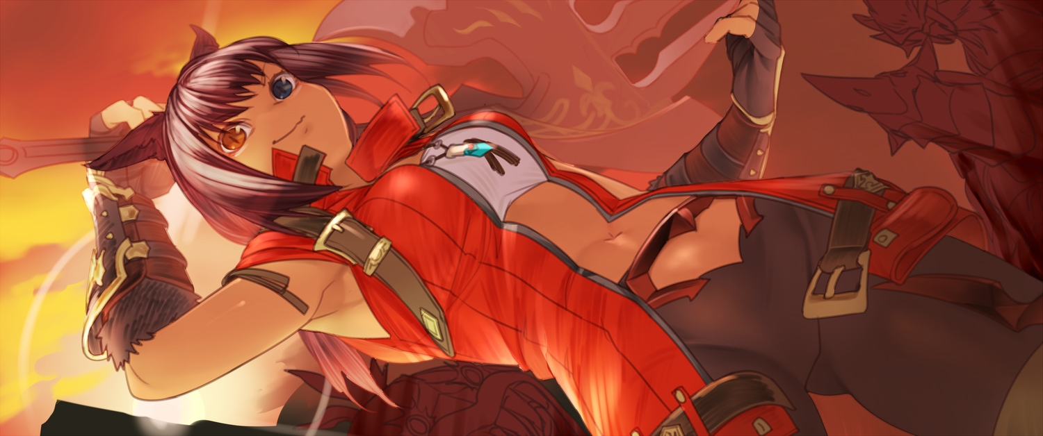 animal_ears, bicolored_eyes, bike_shorts, black_hair, catgirl, dark_skin, final_fantasy, final_fantasy_xiv