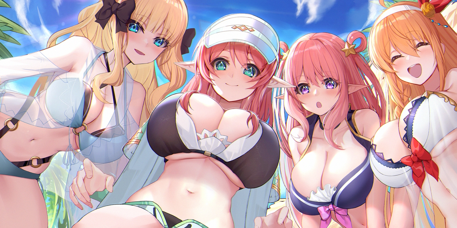 aikawa_misato, aqua_eyes, bikini_top, blonde_hair, clouds, group, kashiwazaki_hatsune, long_hair, navel, pecorine, pink_hair, pointed_ears, princess_connect!, purple_eyes, sasaki_saren, sky, xiujia_yihuizi
