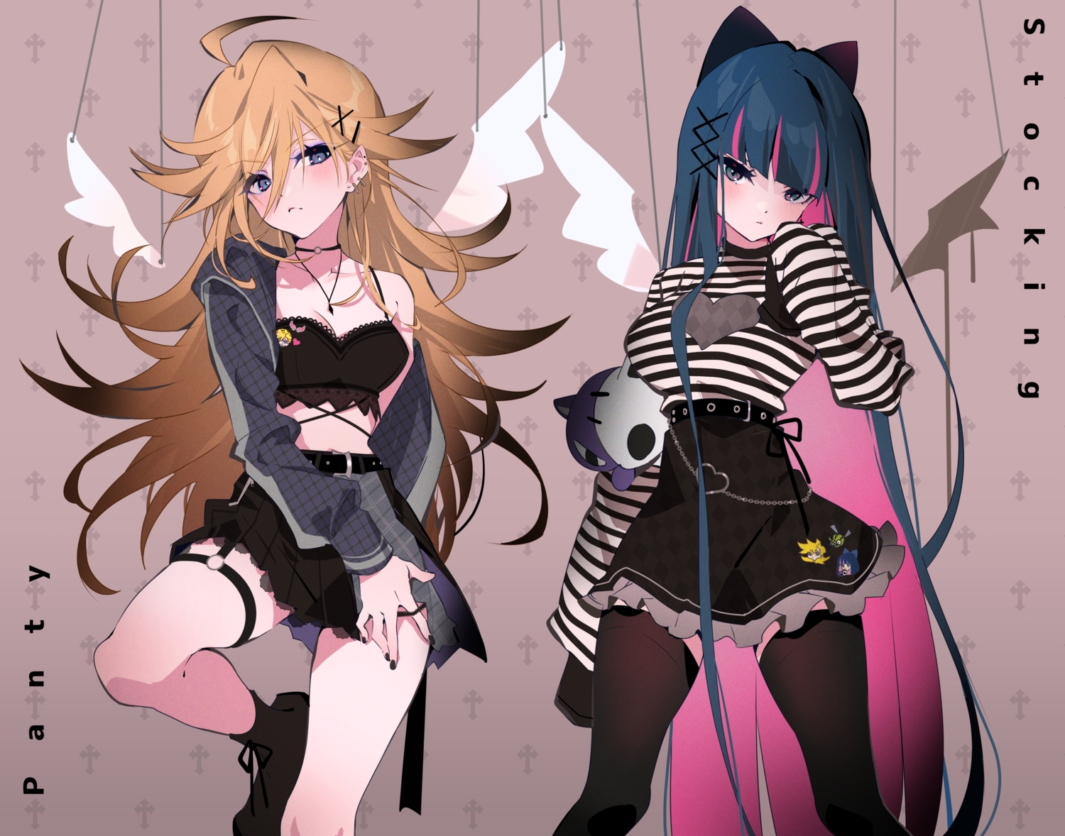 2girls, aruterra, garter_belt, long_hair, necklace, open_shirt, panty_(character), panty_&_stocking_with_garterbelt
