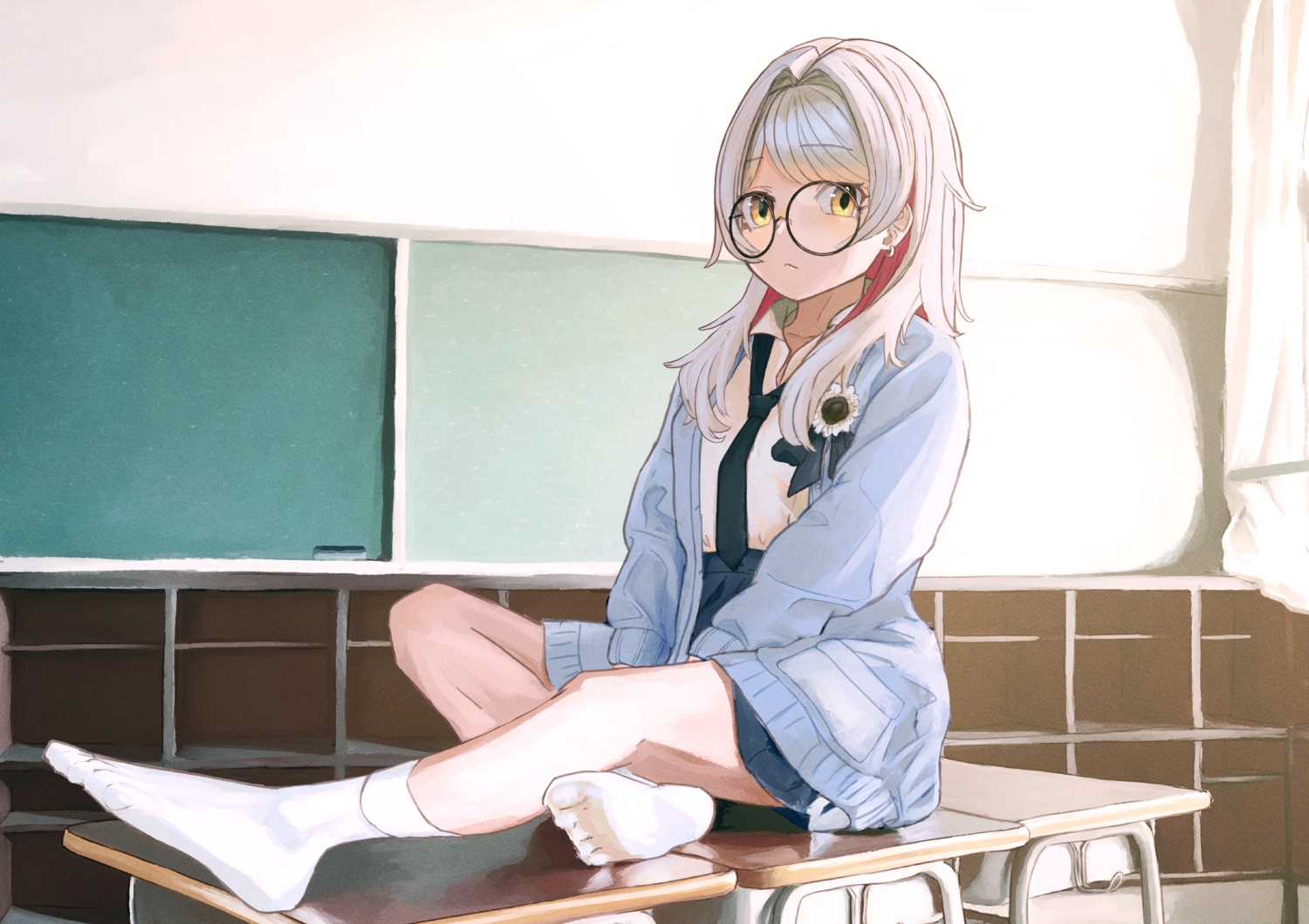 glasses, kurou_satsuki, long_hair, ponta_(matsuokazieg), school_uniform, skirt, socks, tie