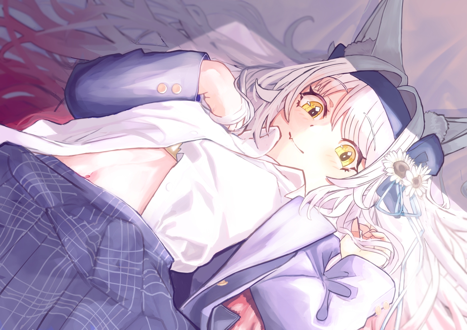 animal_ears, close, fang, headband, kurou_satsuki, navel, open_shirt, ponta_(matsuokazieg), school_uniform, shirt, white_hair, wolfgirl, yellow_eyes