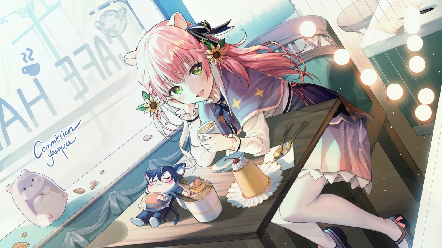 animal_ears, braids, drink, food, green_eyes, long_hair, mochi_huechi, pink_hair