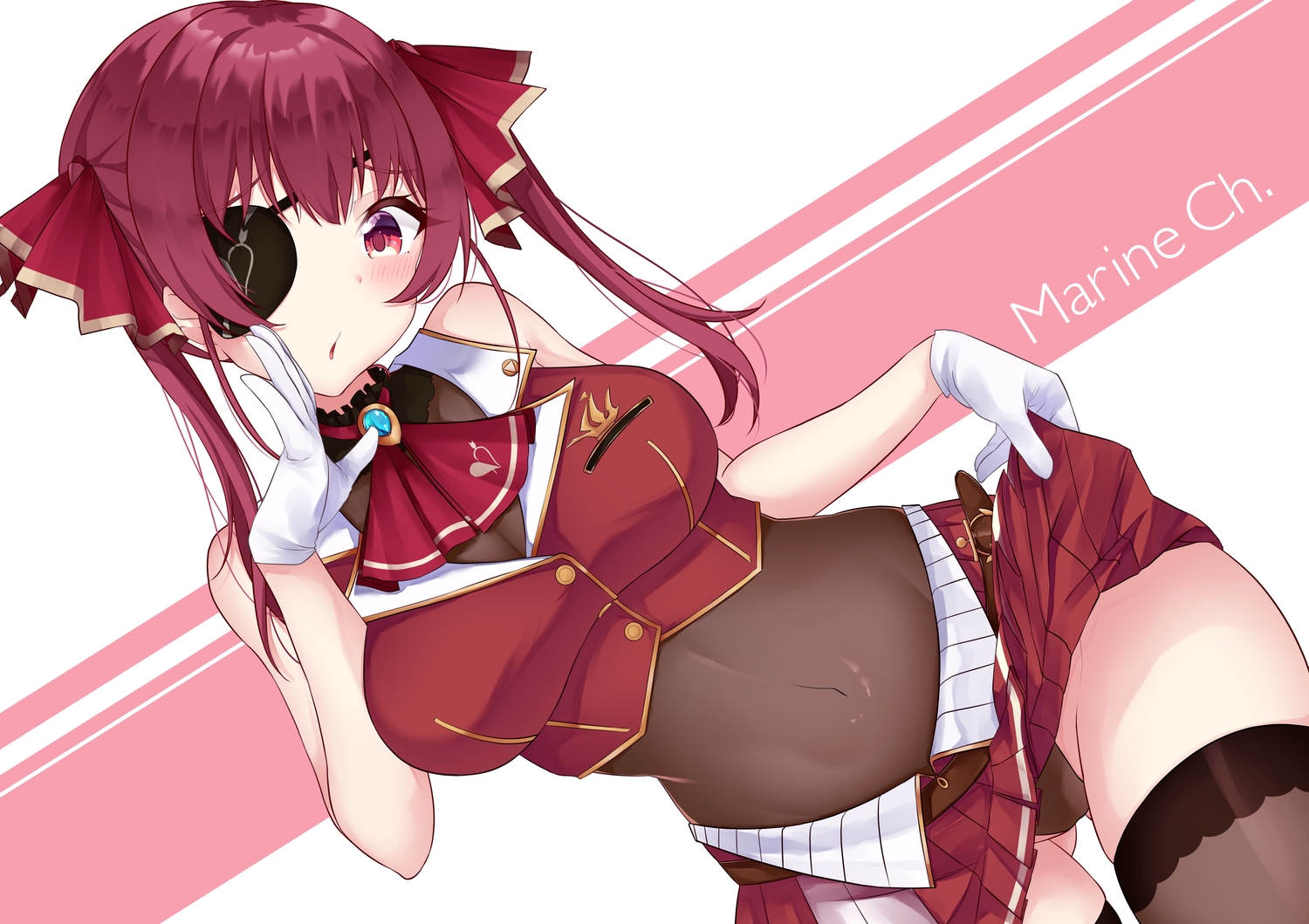 eyepatch, harukasu_(mememememo), hololive, houshou_marine, leotard, skirt_lift, twintails