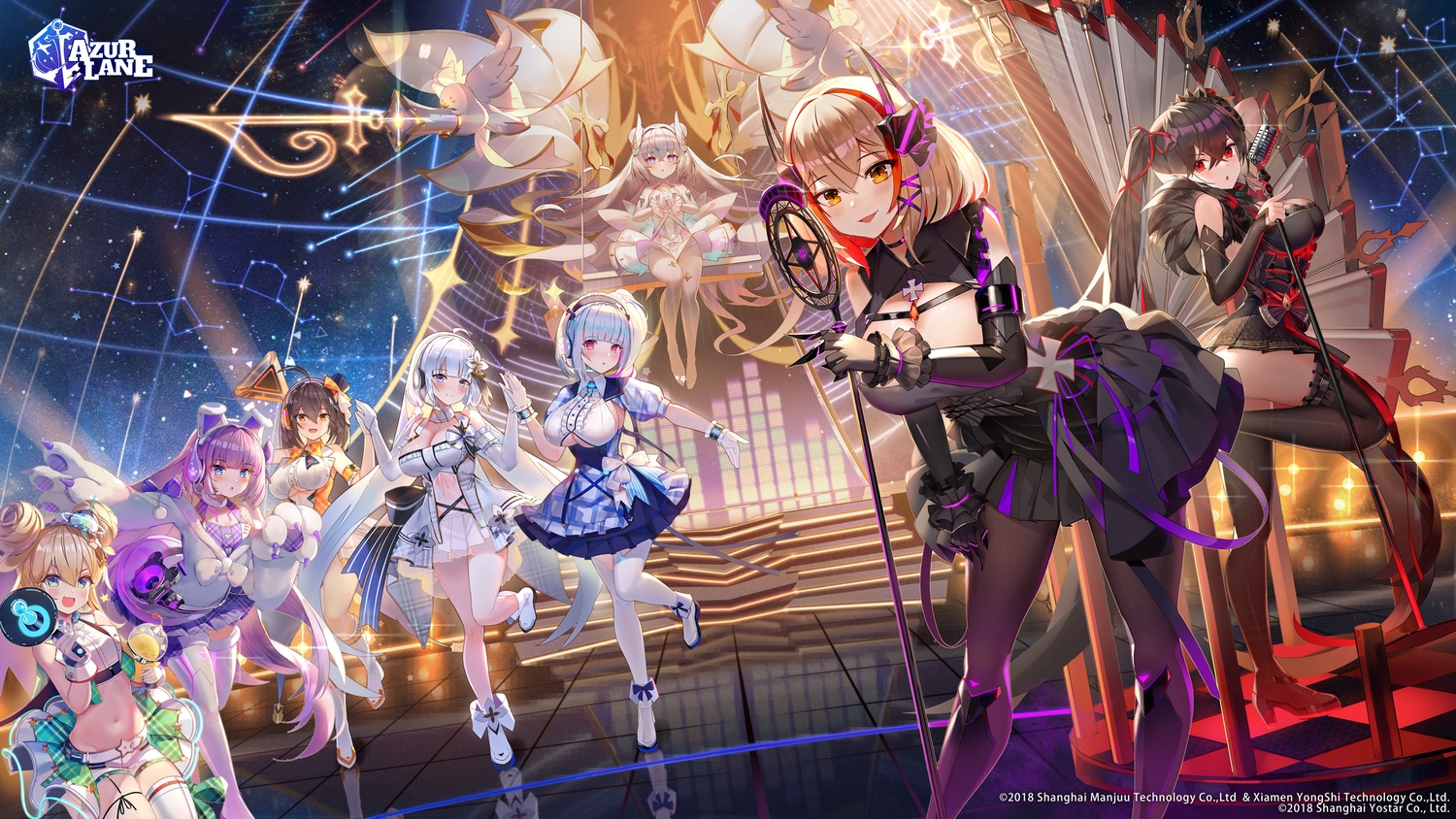 albacore_(azur_lane), animal, anthropomorphism, azur_lane, baltimore_(azur_lane), bird, dido_(azur_lane), dress, group, headphones, illustrious_(azur_lane), janyhero, le_malin_(azur_lane), logo, loli, long_hair, manjuu_(azur_lane), microphone, red_eyes, reflection, roon_(azur_lane), taihou_(azur_lane), tashkent_(azur_lane), thighhighs, twintails, white_hair