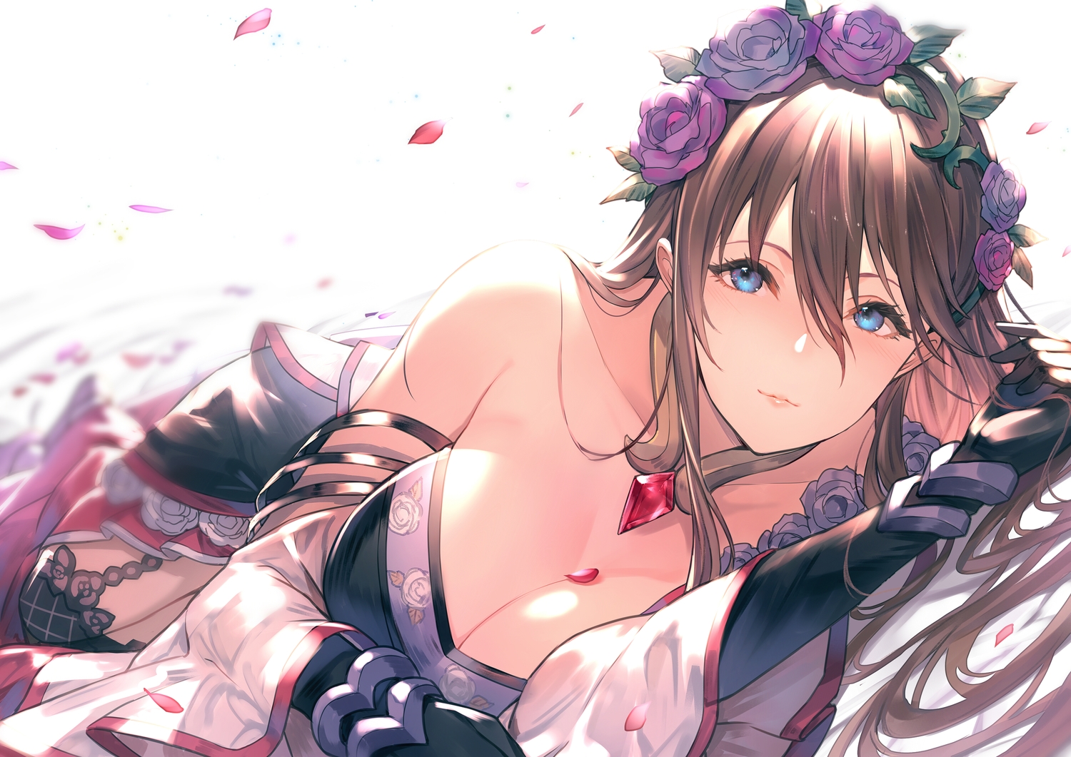 aqua_eyes, blush, breasts, brown_hair, cleavage, close, dress, elbow_gloves, flowers, garter_belt, gloves, granblue_fantasy, headdress, japanese_clothes, kakage, long_hair, petals, rose, rosetta_(granblue_fantasy), stockings