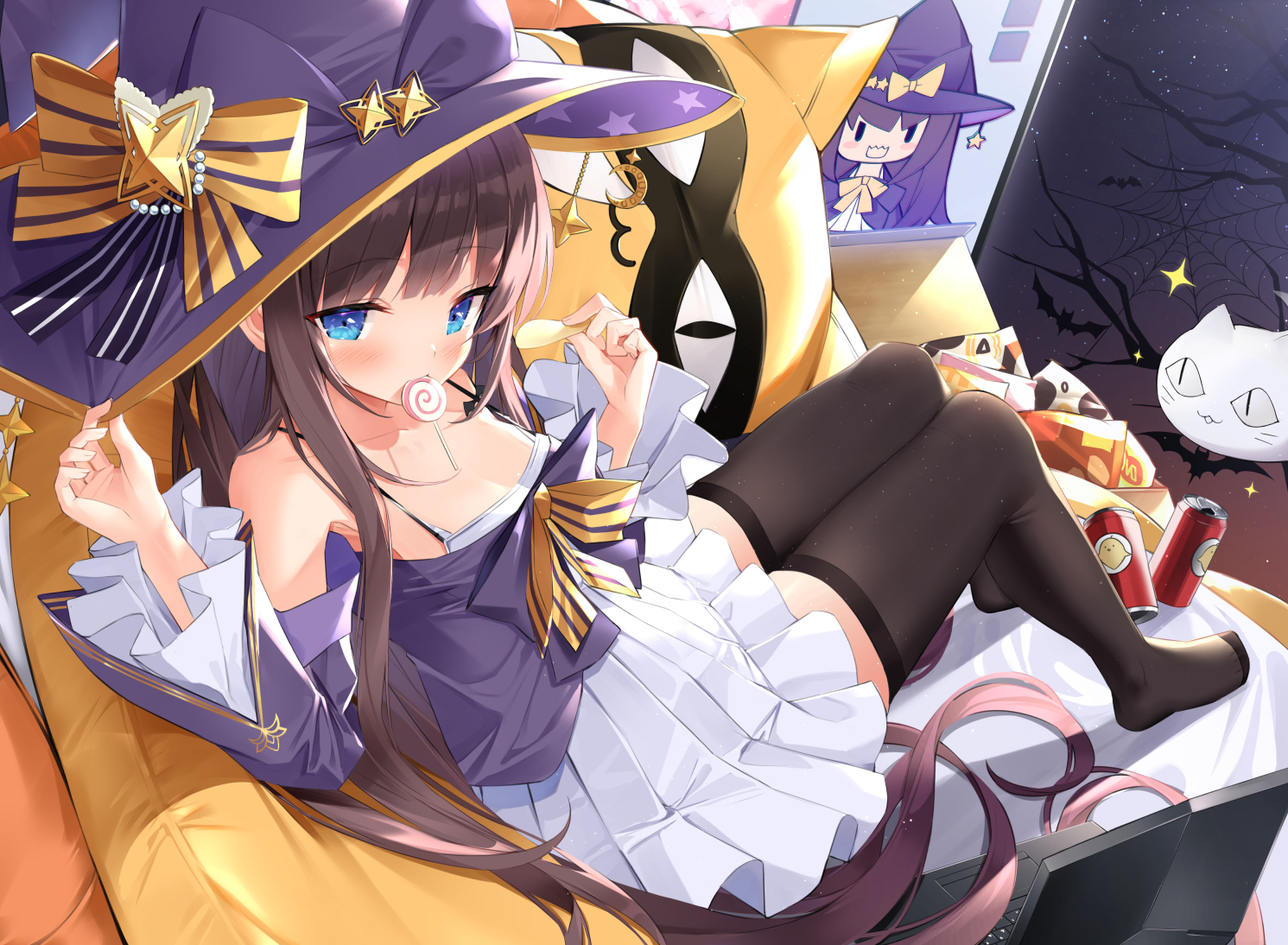 animal, anthropomorphism, azur_lane, bat, brown_hair, candy, computer, dress, halloween, hat, lollipop, long_hair, long_island_(azur_lane), monyu_(monyupop), thighhighs, witch_hat