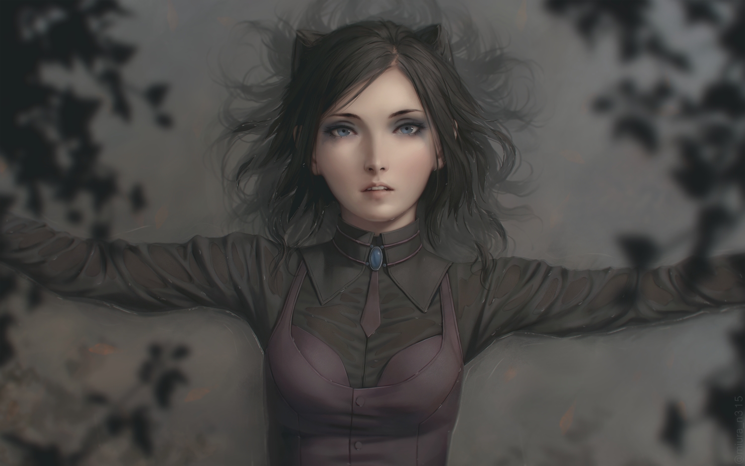 black_hair, blue_eyes, dark, ergo_proxy, long_hair, miura_naoko, realistic, re-l_mayer, shirt