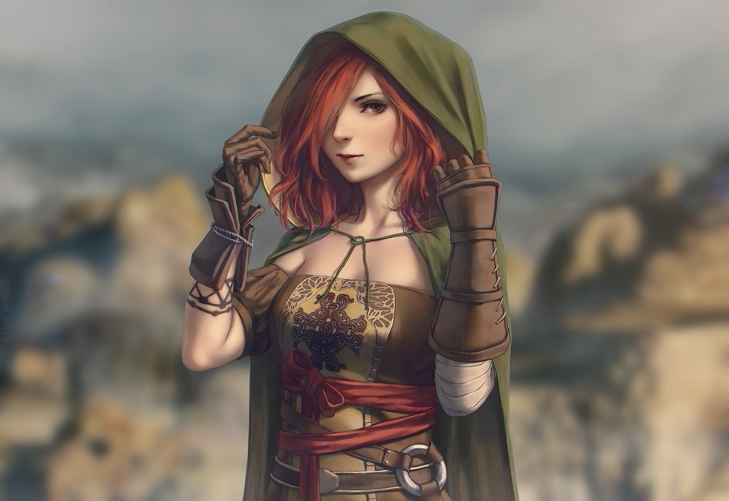 brown_hair, cape, dark_souls, dress, emerald_herald, gloves, hood, miura_naoko, realistic, red_eyes, red_hair, short_hair