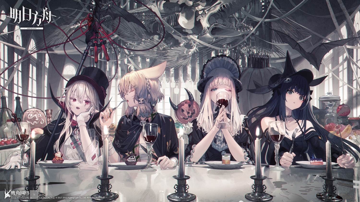 animal_ears, arknights, black_hair, bunny_ears, bunnygirl, drink, food, goth-loli, halloween, hat, horns, kroos_(arknights), logo, lolita_fashion, long_hair, male, nightingale_(arknights), pointed_ears, red_eyes, rope_(arknights), tagme_(artist), vampire, warfarin_(arknights), white_hair, wink
