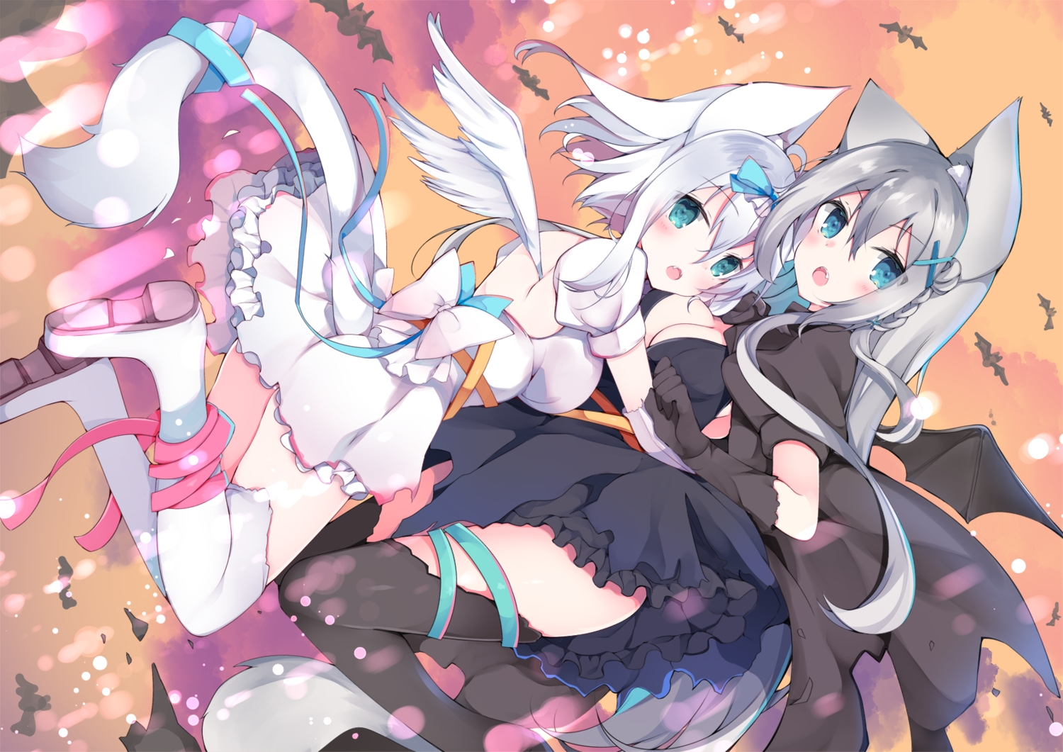 2girls, animal, animal_ears, aqua_eyes, bat, breasts, catgirl, cleavage