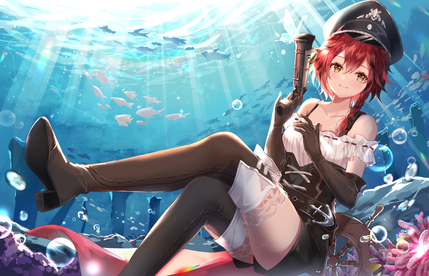 animal, blush, boots, braids, brown_eyes, bubbles, corset, elbow_gloves, fish, gloves, gun, hat, hum_(ten_ten), ponytail, red_hair, shorts, tagme_(character), thighhighs, underwater, water, weapon, x2:_eclipse, zettai_ryouiki